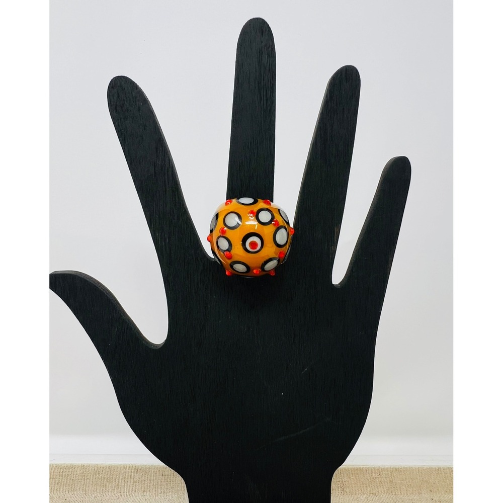 Handmade Murano Style Glass Dome Ring Yellow Black White Red Polka Dot Chunky